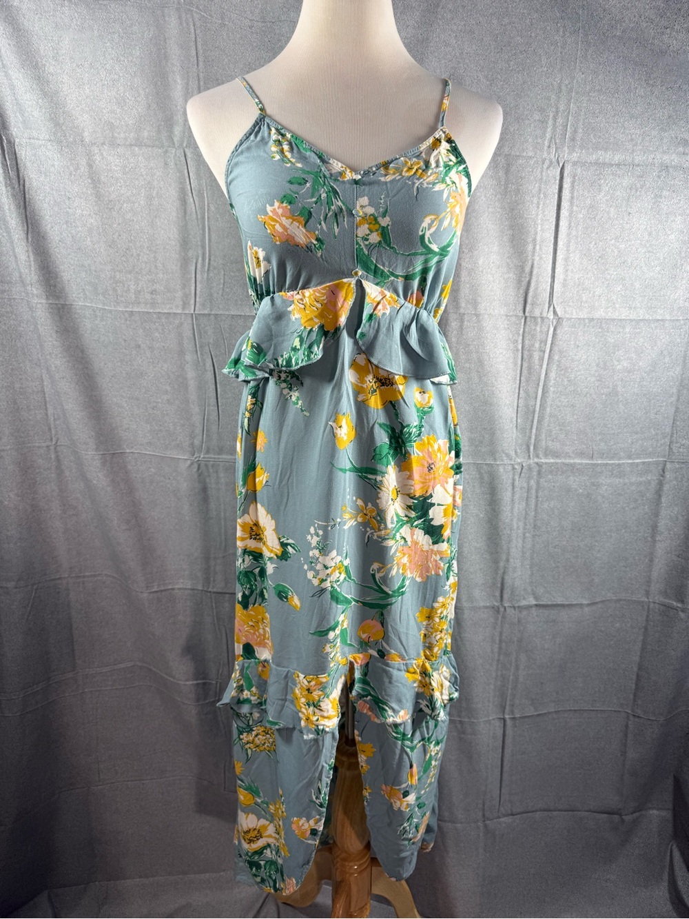 2515-Eyeshadow Strapless Floral Maxi Dress in Dusty Blue and Yellow